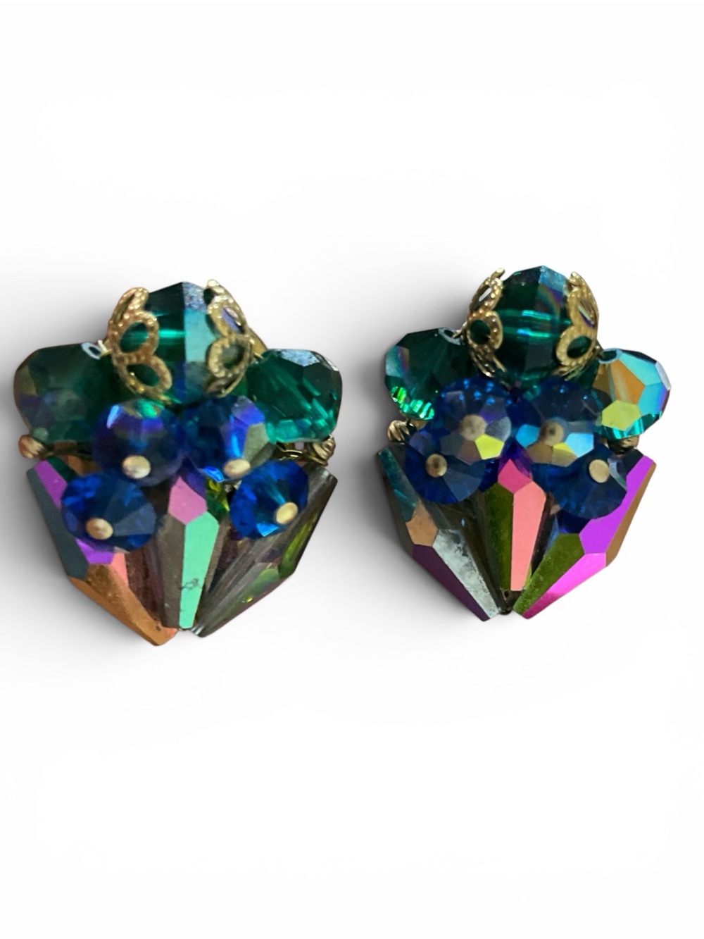 Vintage Peacock Blue Aurora Borealis Cluster Clip On Earrings Fashion Statement